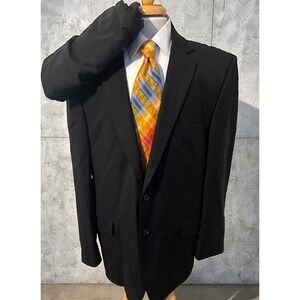 Claiborne 2 Piece Suit Mens 48L Slim Pants 42 x 30 Black Pin Stripe Wool Jacket